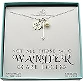 Compass Charm and Arrow Necklace | 6mm Pearl | Sterling Silver | 18" Chain | World Traveler | Retirement Gift |