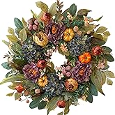 WANNA-CUL 24 Inch Spring Fall Wreaths for Front Door with Blue Hydrangea, Fall Wreath with Purple,Orange Peony-Fall Decoration for Home-Fall Decor Door Wreath for Valentines Day Mothers Day Autumn