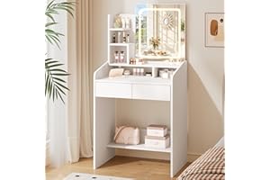 LIVELYGLOW Small Makeup Vanity Desk with Lighted Mirror, White, 23.62" W x 15.74" D x 53.93" H (Smart LED Mirror, Open Shelves, 2 Drawers)