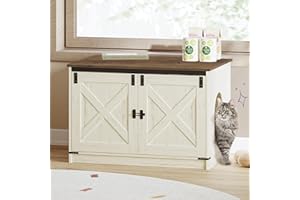 Hzuaneri Cat Litter Box Enclosure with Cushion, Hidden Litter Box Furniture with Removable Dividers, Reversible Entrance Left or Right Side, Cat House, Rustic White and Brown CB84614X