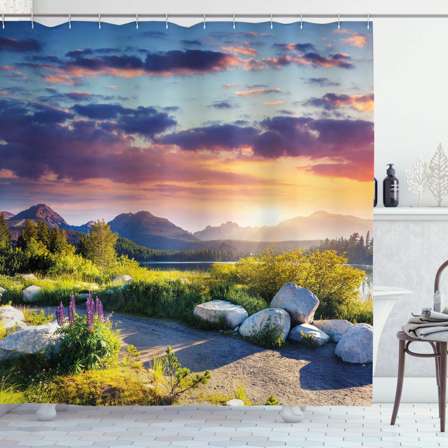 ABAKUHAUS Nature Shower Curtain, Idyllic Skyline in National Park on European Mountains Tranquil Scenery, Cloth Fabric Bathroom Decor Set with Hooks, 70 Inches, Fern Green Blue Lilac