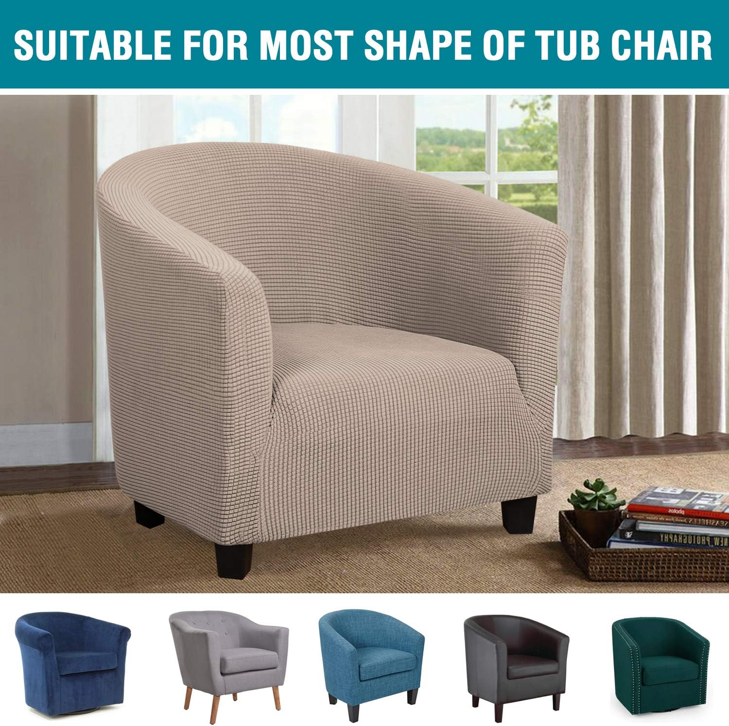 High Stretch Club Chair Cover Tub Chair Cover Armchair Sofa Slipcover with Elastic Bottom Super Soft Jacquard Spandex Skid Resistance Furniture Protector (1 Piece, Khaki): Furniture & Decor