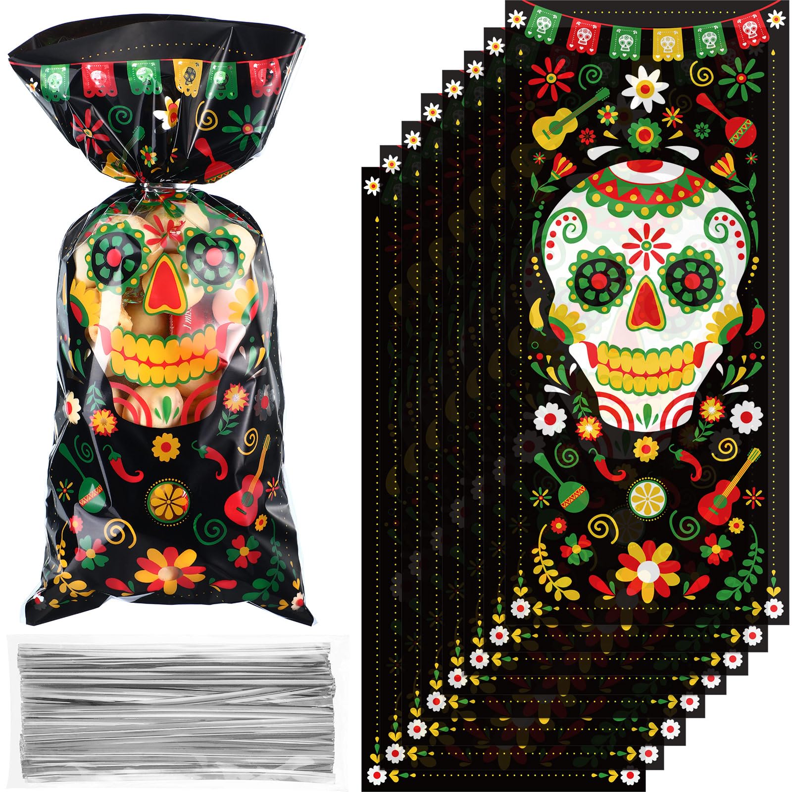 100 Pieces Day of the Dead Treat Bags, Black Día de los Muertos Cellophane Plastic Candy Goodie Bags with 100 Silver Twist Ties for Halloween Decorations Day of the Dead Party Supplies