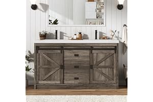 CHARTUSTRIABLE Double Bathroom Vanity with Sink & Faucet & Sewer Pipes,59" Farmhouse Bathroom Vanity Cabinet Set with 3 Storage Drawers & Sliding Barn Door,Double Sink Vanities With Metal Handle(Rustic Grey)