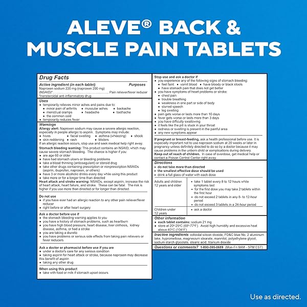 ALEVE BACK & MUSCLE PAIN RELIEF NAPROXEN SODIUM TABLETS, PAIN RELIEVER & FEVER REDUCER, MEDICINE FOR BODY , 250 COUNT