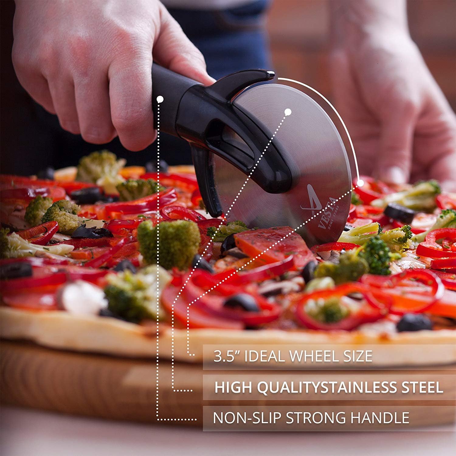 Premium Professional Pizza Cutter Wheel By VestaHomeStore - With Sharp Angled Stainless Steel Blade, Ergonomic Anti-Slip Handle & Durable Blade Cover - Ideal For Pizza, Pies, Waffles and Dough Cookies: Kitchen & Dining
