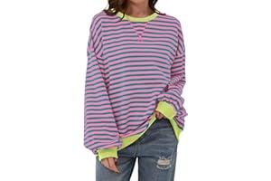 calbatic Women Oversized Striped Sweatshirt Long Sleeve Pullover Tops Crewneck Contrast Hem Shirts Vintage Fall Jumpers