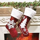 Christmas Stockings, 2 Pcs 18 inches Christmas Stockings, Burlap with Large Plush Cuff Stockings, for Family Holiday Xmas Party Decorations