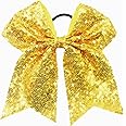 Xansema 6.5 Inches Sequins Hair Bows Elastic Hair Tie Ribbon Large Cheer Bow Ponytail Holder Hair Band for Women Girls Kids Teens (Yellow)
