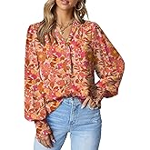 Dokotoo Women's Casual V Neck Easel Floral Print Long Sleeve Blouses Smocked Button Down Shirts Bohemian Top