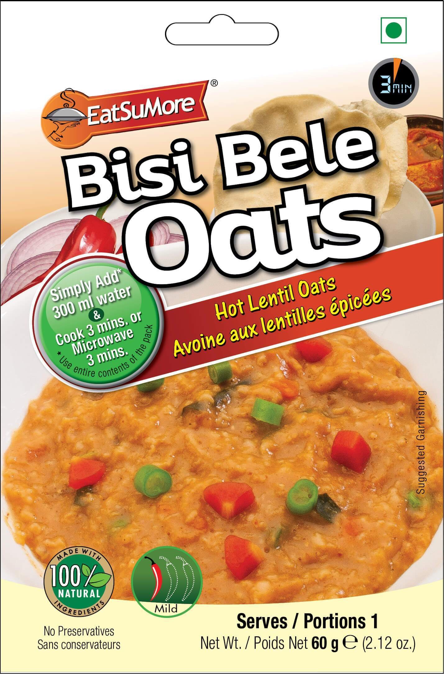 EATSUMORE No Preservatives Indian Bisi Bele Oats, 6.35 Oz (Pack of 3), Easy to Cook, Vegan, Microwavable, Instant Mix, Ready to Cook, Cooks in 5 mins