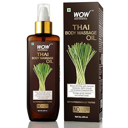 WOW Skin Science Thai Body Massage Oil for Reviving and Refreshing -Infused with Blend of 6 Oils with Jasmine Absolute, Kaffir Lime and Lemongrass Essential, 200 ml