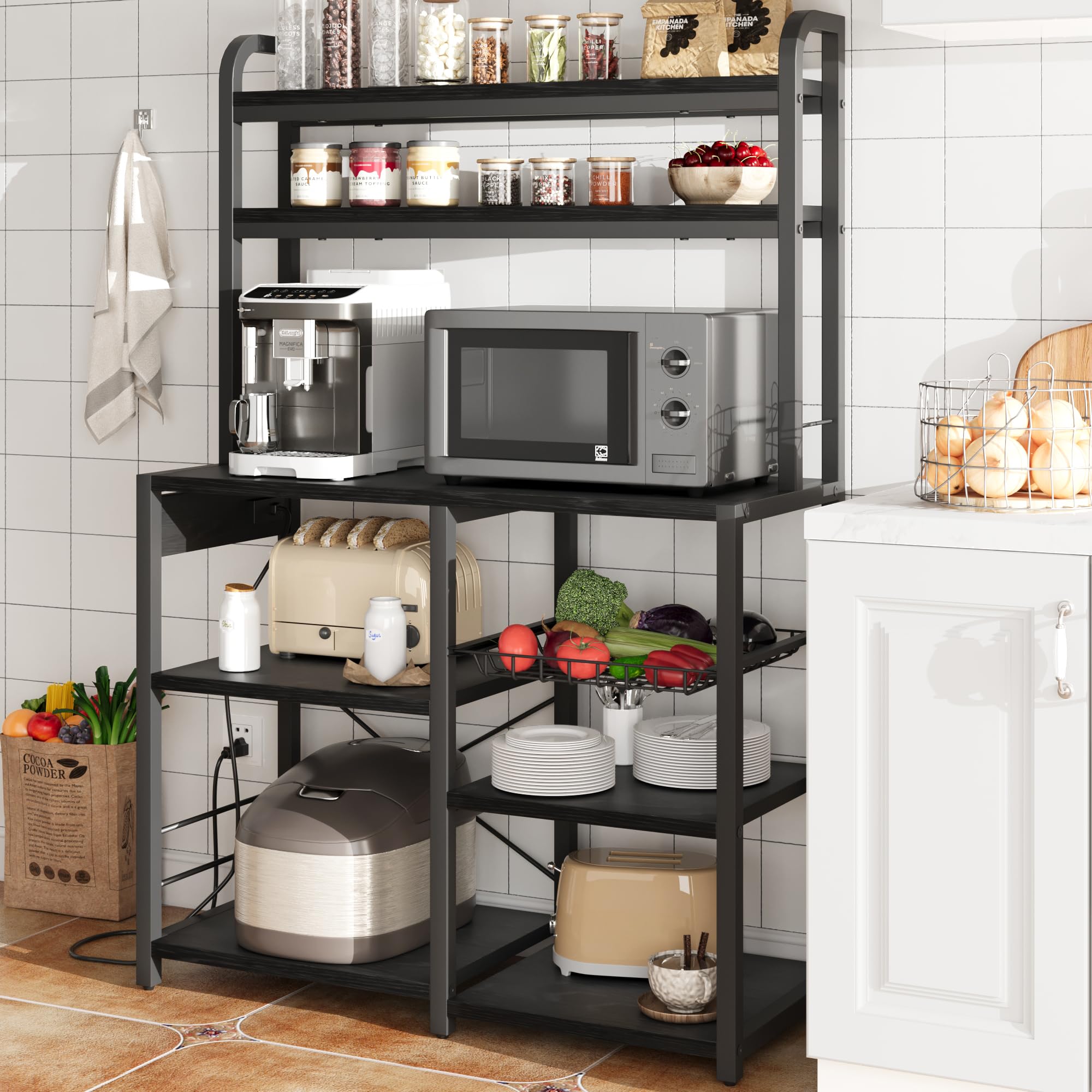 Photo 1 of ***MISSING HARDWARE UNKNOWN ***Amyove Bakers Rack with Power Outlet, Coffee Bar with Wire Drawer, Microwave Stand, Kitchen Baker Table with Large Storage, 6-Tier Kitchen Storage Rack with Hutch for Dining Living Room, Rustic Black
