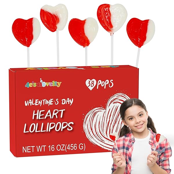 4E’S NOVELTY 38 PACK VALENTINES DAY HEART SHAPED LOLLIPOPS BULK INDIVIDUALLY WRAPPED, STRAWBERRY & CREAM FLAVORED, SUCKERS FOR SCHOOL VALENTINES PARTY FAVORS, VALENTINES CANDY FOR KIDS CLASSROOM EXCHANGE