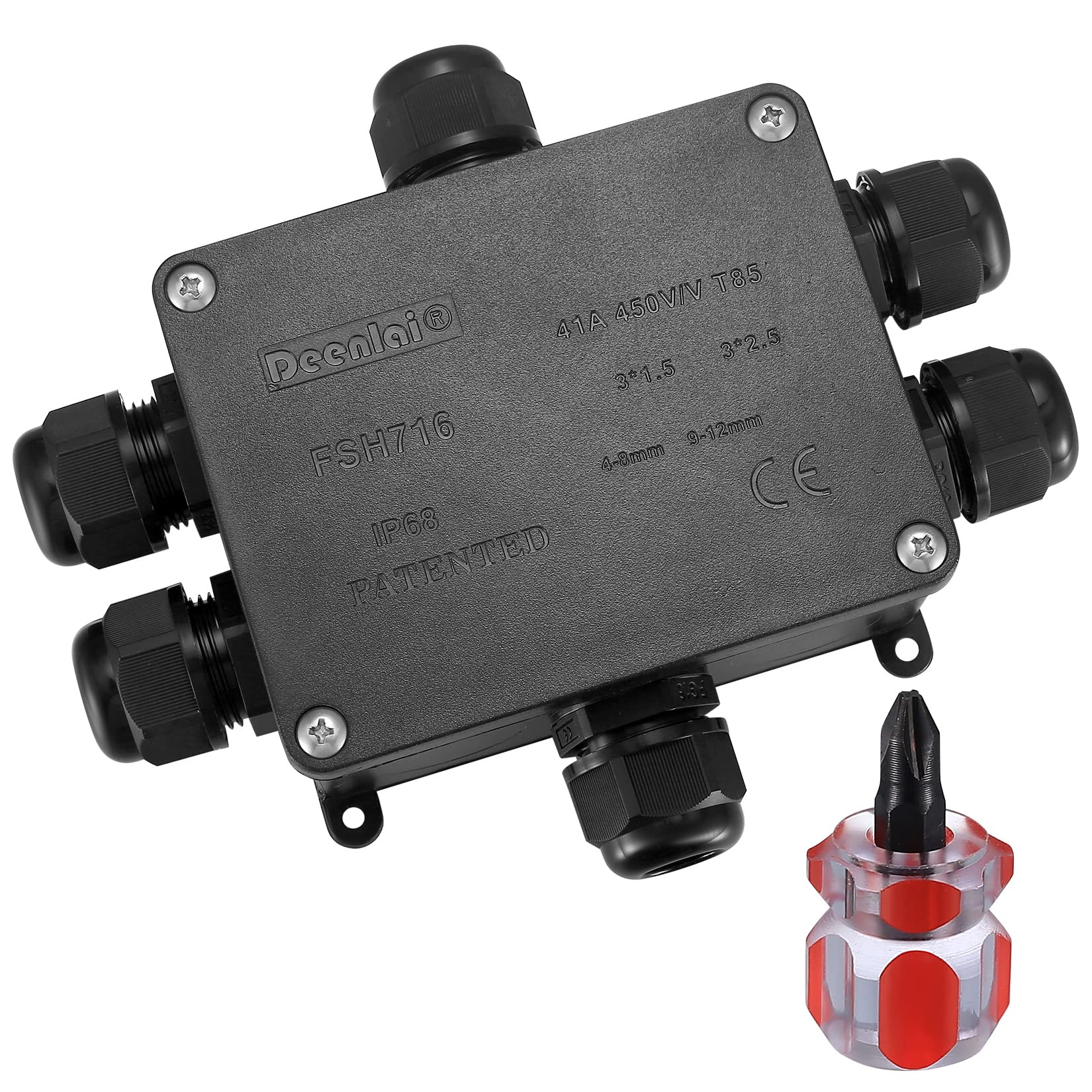 IP68 Waterproof Junction Box, Outdoor Cable Connector for Ø4mm-14mm Round Cables, Garden & Patio Water-Resistant Connection Box, 6-Way Power Socket, Black