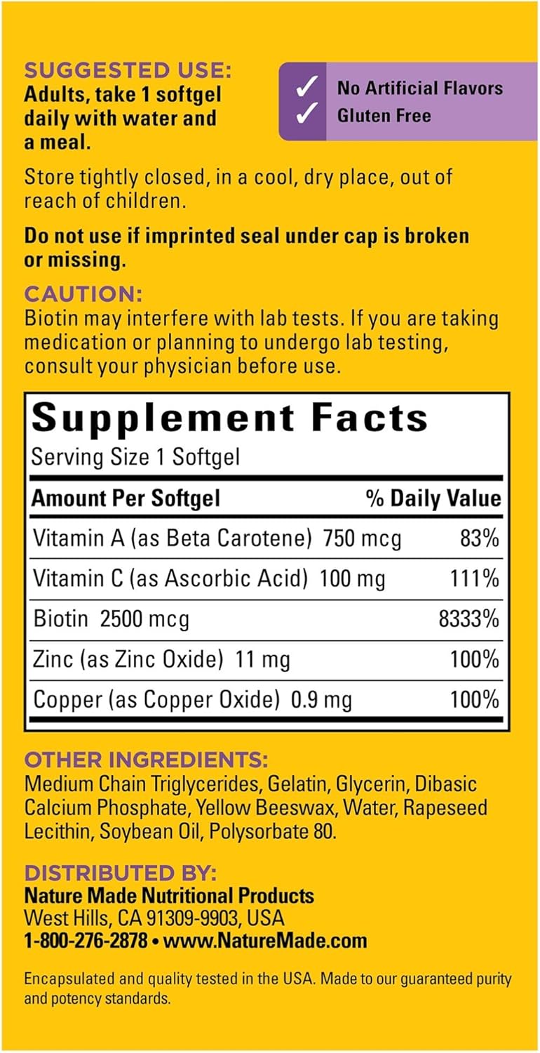Nature Made Hair, Skin & Nails with 2500 mcg of Biotin Softgels, 120 Count Value Size (Packaging May Vary): Health & Personal Care
