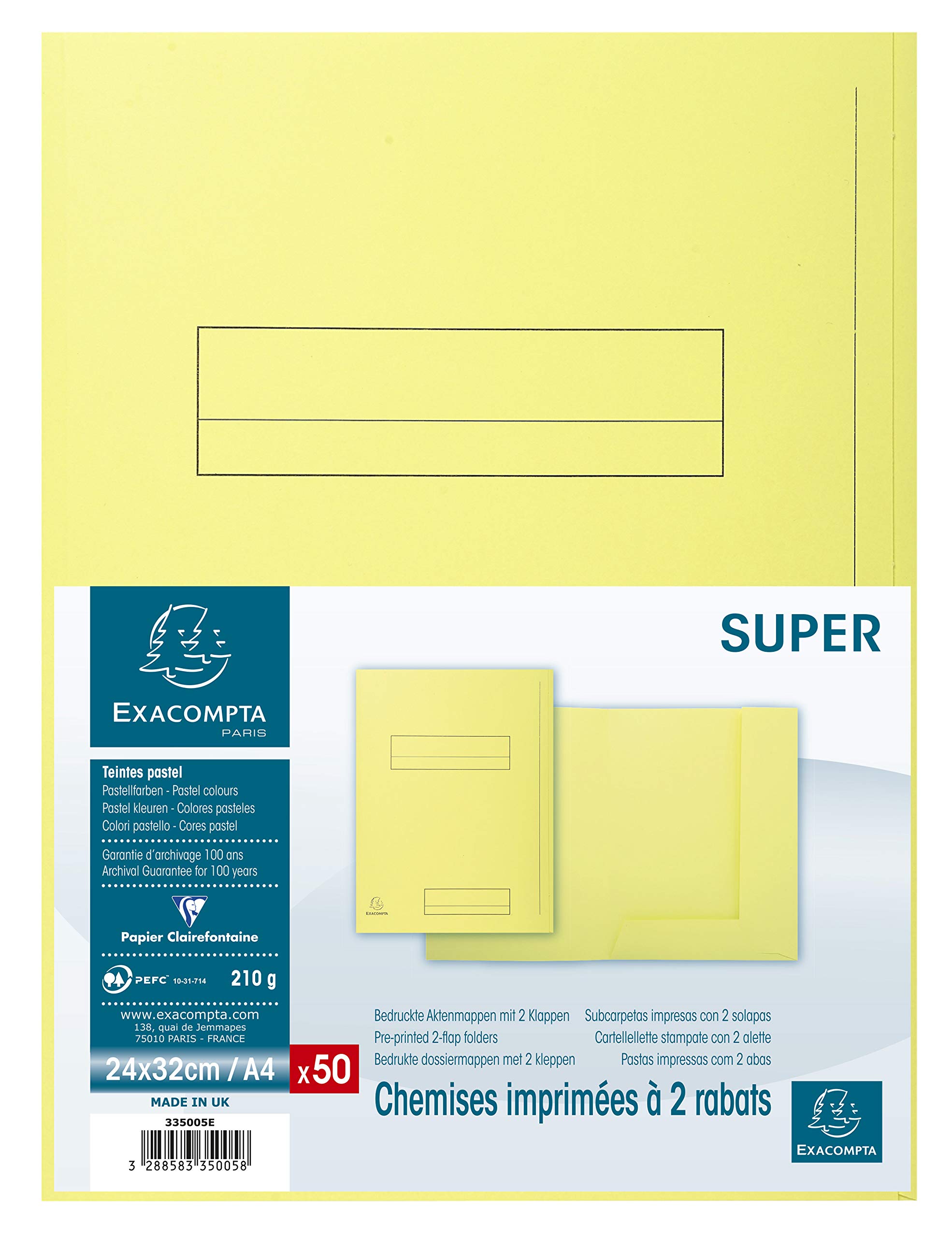 Exacompta - Ref 335005E - Super 210 Printed 2-Flap Folders - 240 x 320mm in Size, Suitable for Holding A4 Documents, 210gsm Card, Pre-Printed - Canary Yellow (Pack of 50)
