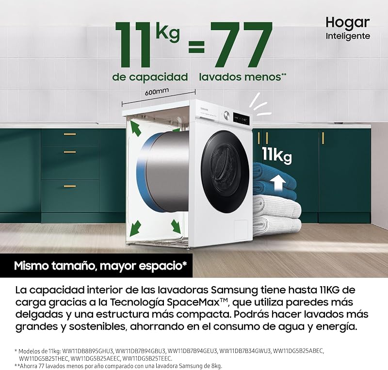 WW11DB7B34GWU3, Lavatrice AI EcoBubble, 11 kg, Efficienza Energetica A-20%, con SmartThings, Intelligenza Artificiale e Programma Super Speed 39, Bianco