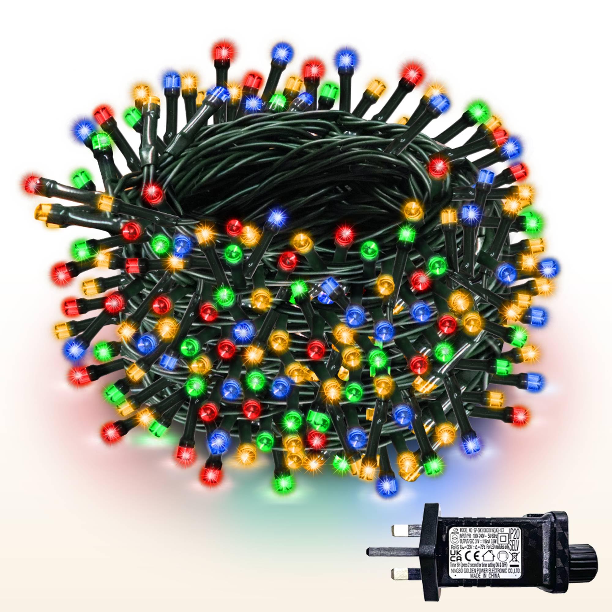 WISD Christmas Tree Lights - 200 LED 22.8M Dimmable Xmas Fairy Light on Green Cable with 12 Modes, Timer and Memory - Plug in String Light for Indoor Outdoor Garden Bedroom Party Decor (Multicoloured)