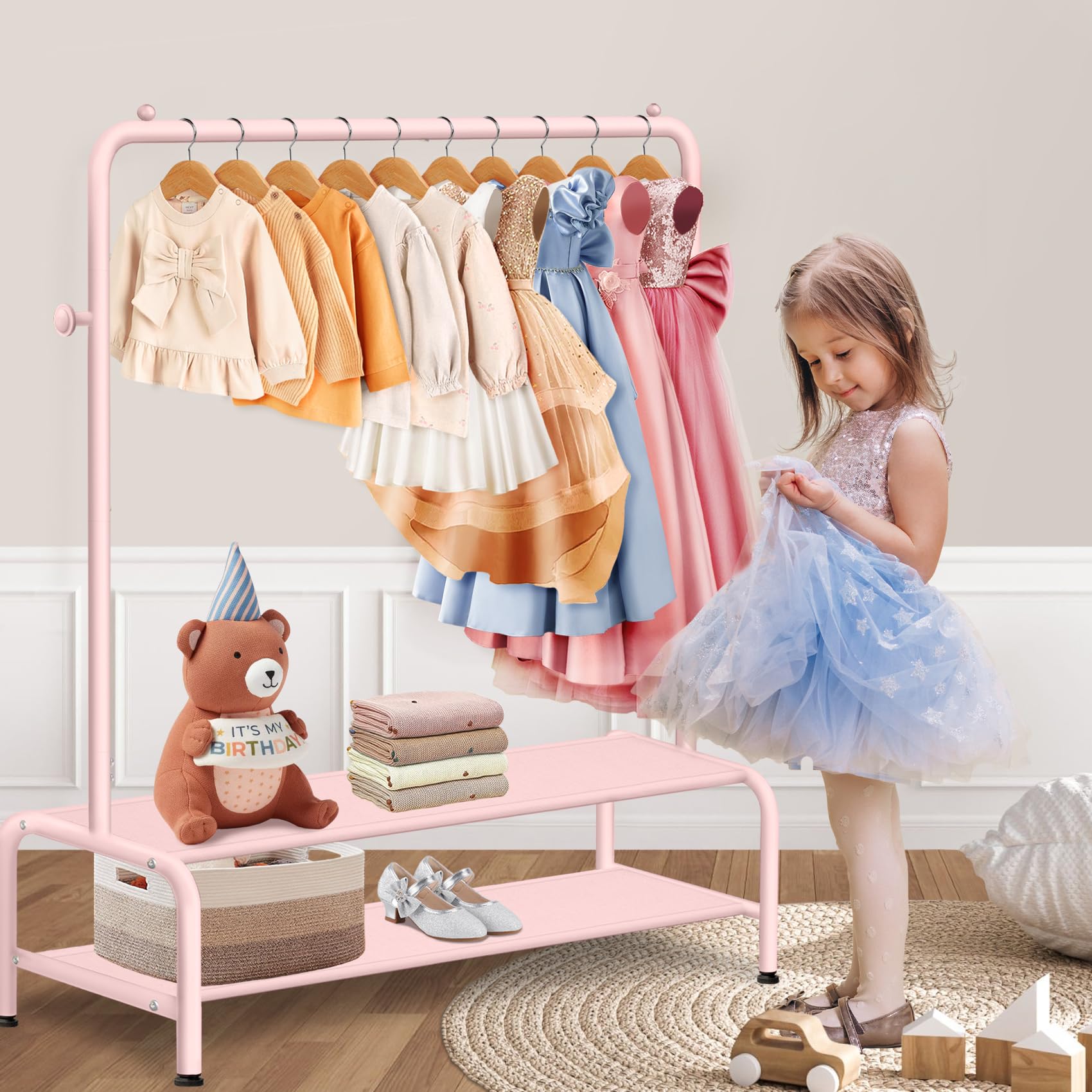 Kids Clothing Rack - Dress Up Storage - Dress Up Rack for Little Girls - Small Kids Costume Wardrobe with 2 Fabric Shelves - Princess Room Bedroom Decor