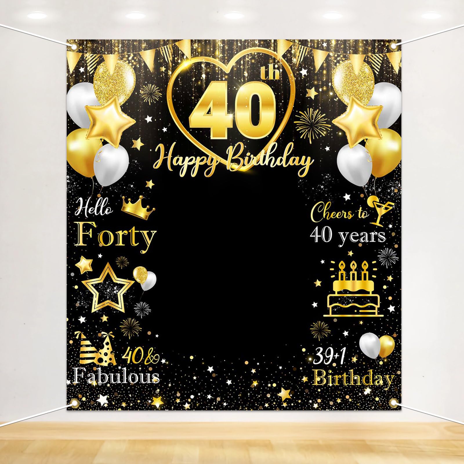 Photo 1 of Mocsicka 40th Birthday Backdrop Banner Large 40th Birthday Backdrop Decorations Black Gold Forty Birthday Decorations 50th Birthday Photo Backdrop for Men Women Outdoor Indoor