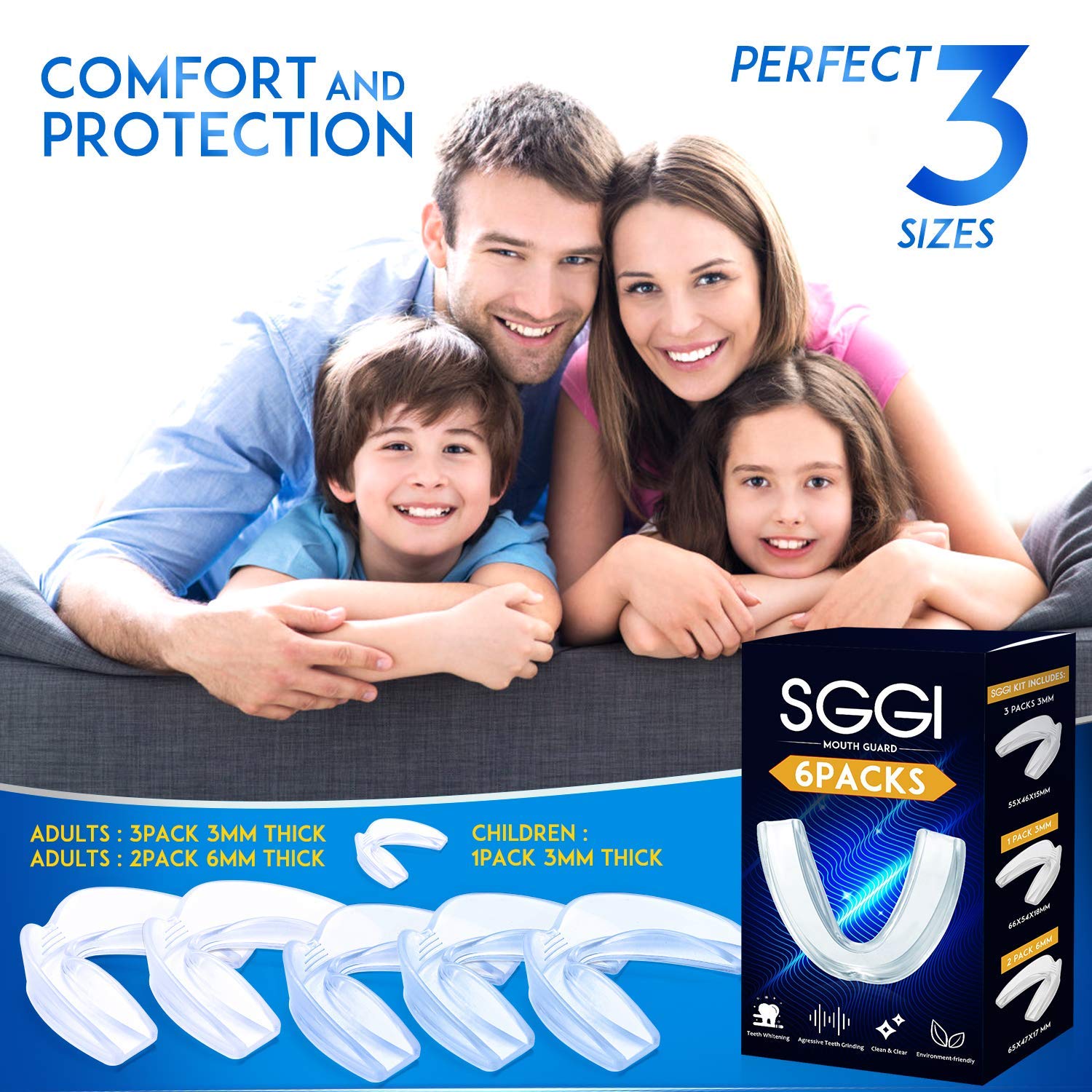 SGGI Mouthguard Teeth Grinding Mouth Guard Customizable and Trimmable Medical Grade Mouth guard for Grinding Teeth Clenching Bruxism Whitening Tray Sport Athletic Sleep Nightguard 2-Size 6 Pieces : Beauty