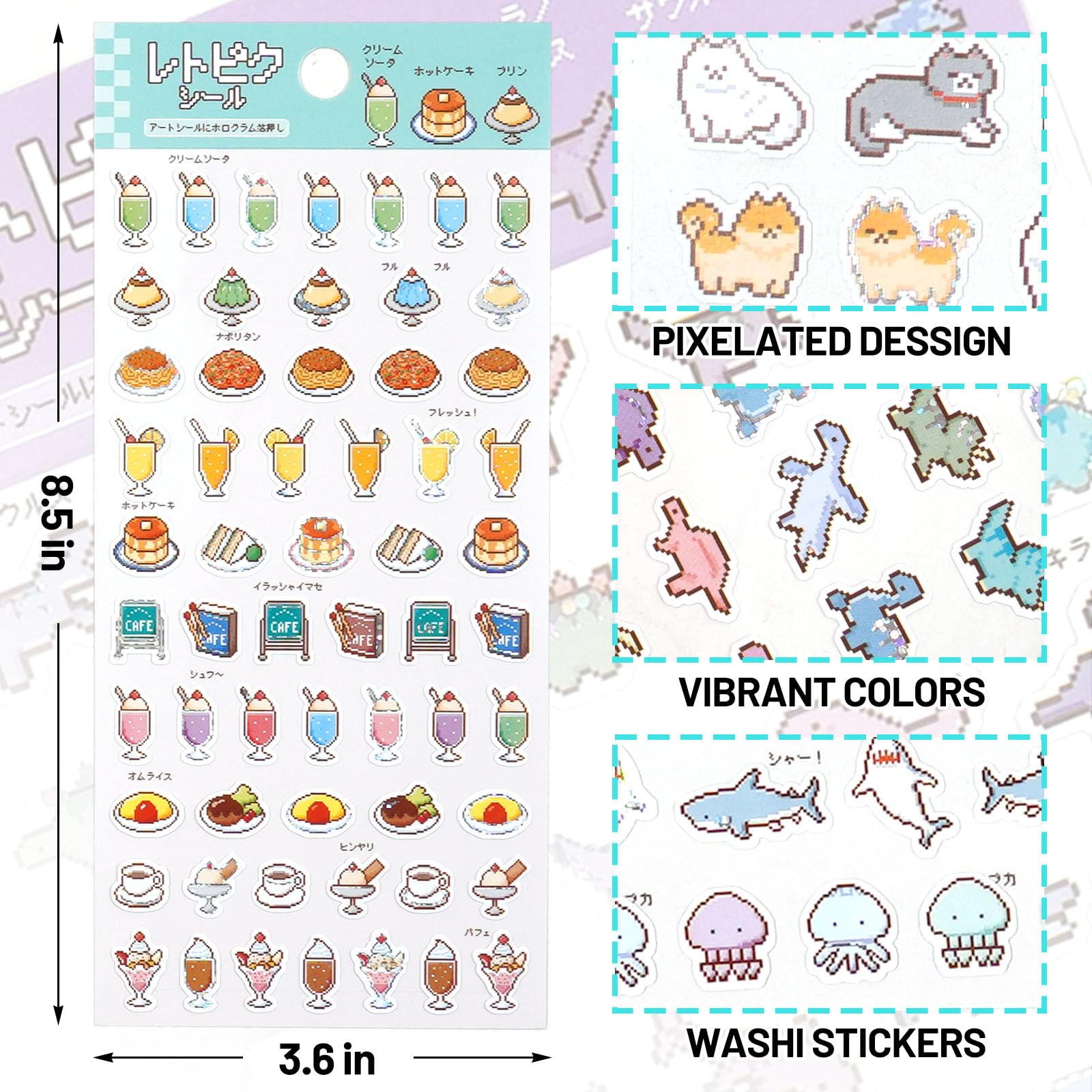 Japanese Kawaii Retro Pixel Style Stickers for Scrapbooking – Cute Animal, Food, Dinosaur, and Ocean Themes – Journaling Sticker Pack for Stationery and Crafting – 4 Sheets