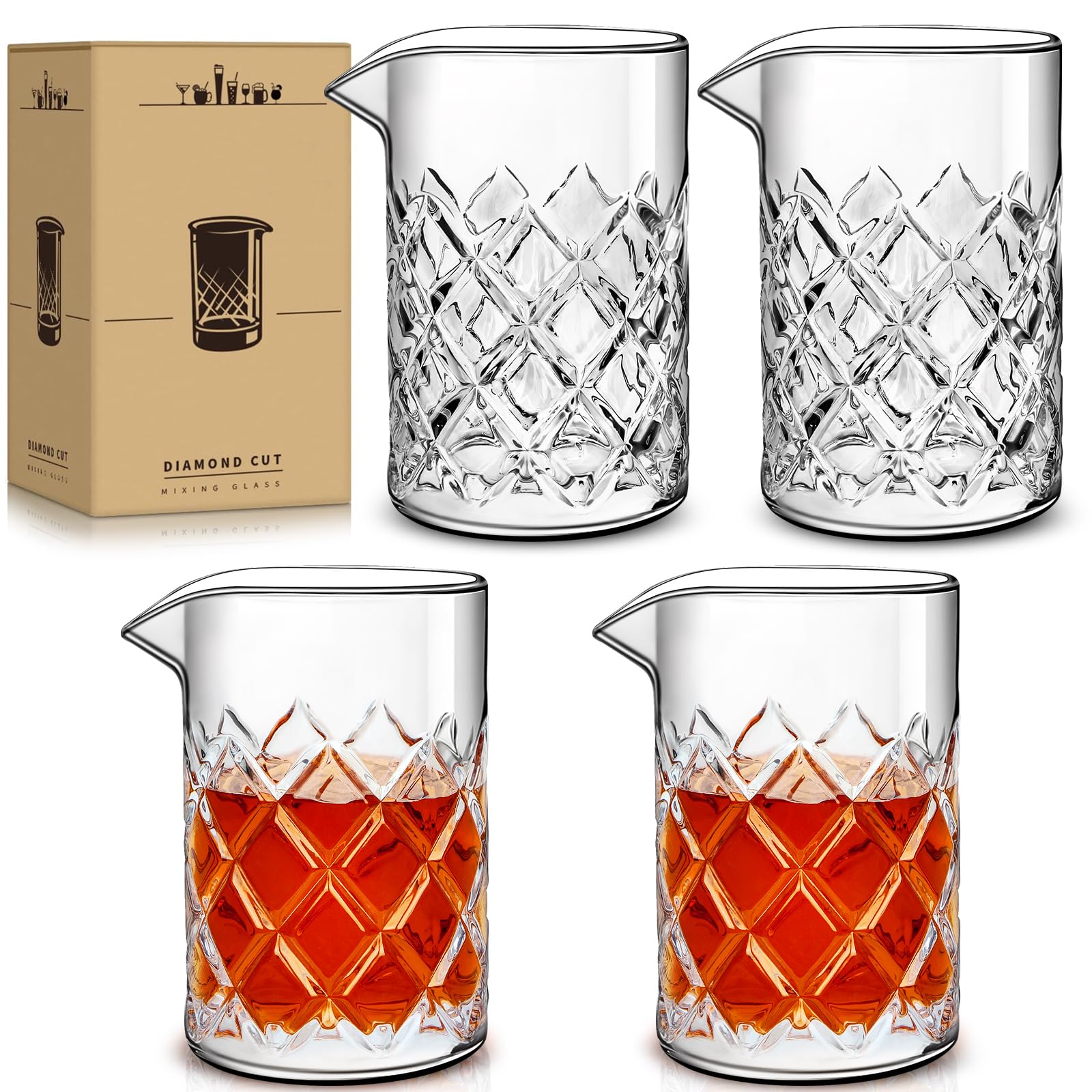 Eligara Cocktail Mixing Glass,Crystal Mixer Glass Cocktail Shaker, Thick Bottom Jug for Martini, Stirring Glass Pitcher Cocktail-Sets, for Craft Bars and Professional Bartenders (18 oz, 4 Pack)