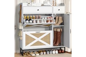 Holiwei Shoe Cabinet with 2 Flip Cabinets & Side Cabinet, Shoes Cabinet with Adjustable Shelves, Shoe Storage Organizer for Entryway, Hallway Living Room, Space-Saving, White