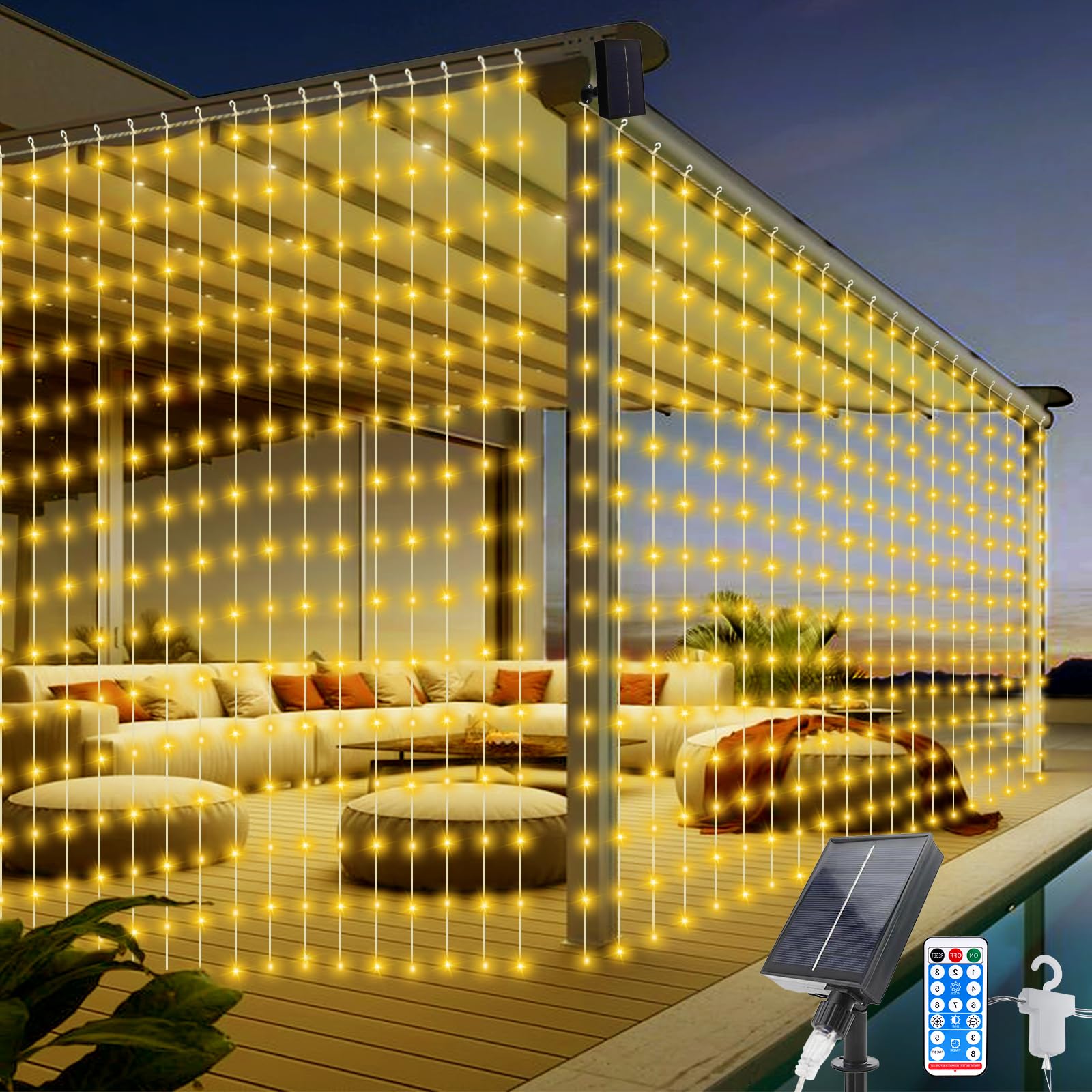 300 LED Solar Curtain Lights Outdoor, 3M*3M Solar Christmas String Lights, 8 Modes Waterfall Fairy Lights, Remote Control, Waterproof Curtain String Lights for Christmas Party Garden [Energy Class A]
