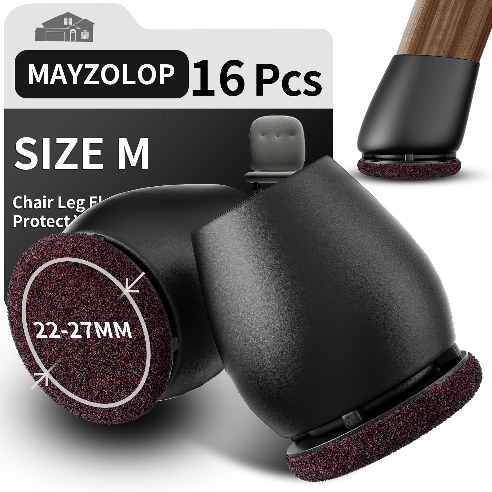 MAYZOLOP 16PCS Silicone Floor Protectors, Black Chair Caps for Tilt Legs, Hardwood Floor Protectors with Felt Pads (Fit:22-26mm)