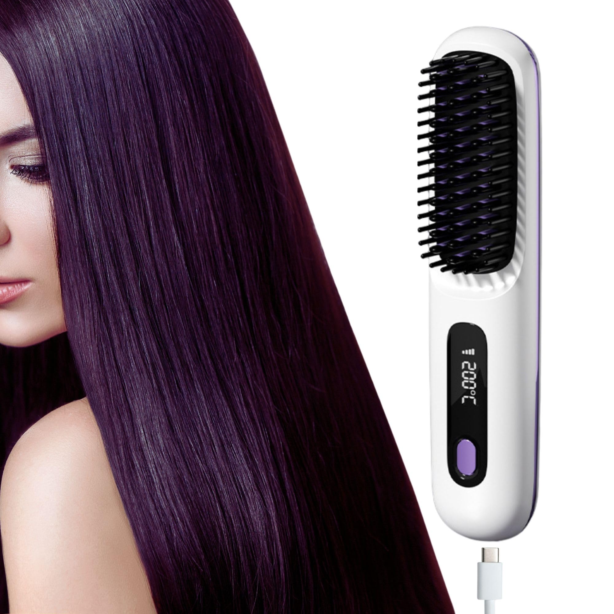 Digilams Cordless Hair Straightener Brush | Hot Brush, Hair Straighteners for Women | Thermal Brush & Travel Straighteners with LED Screen | Ionic Hot Comb with 3 Temperature Modes (160-200°C) (White)