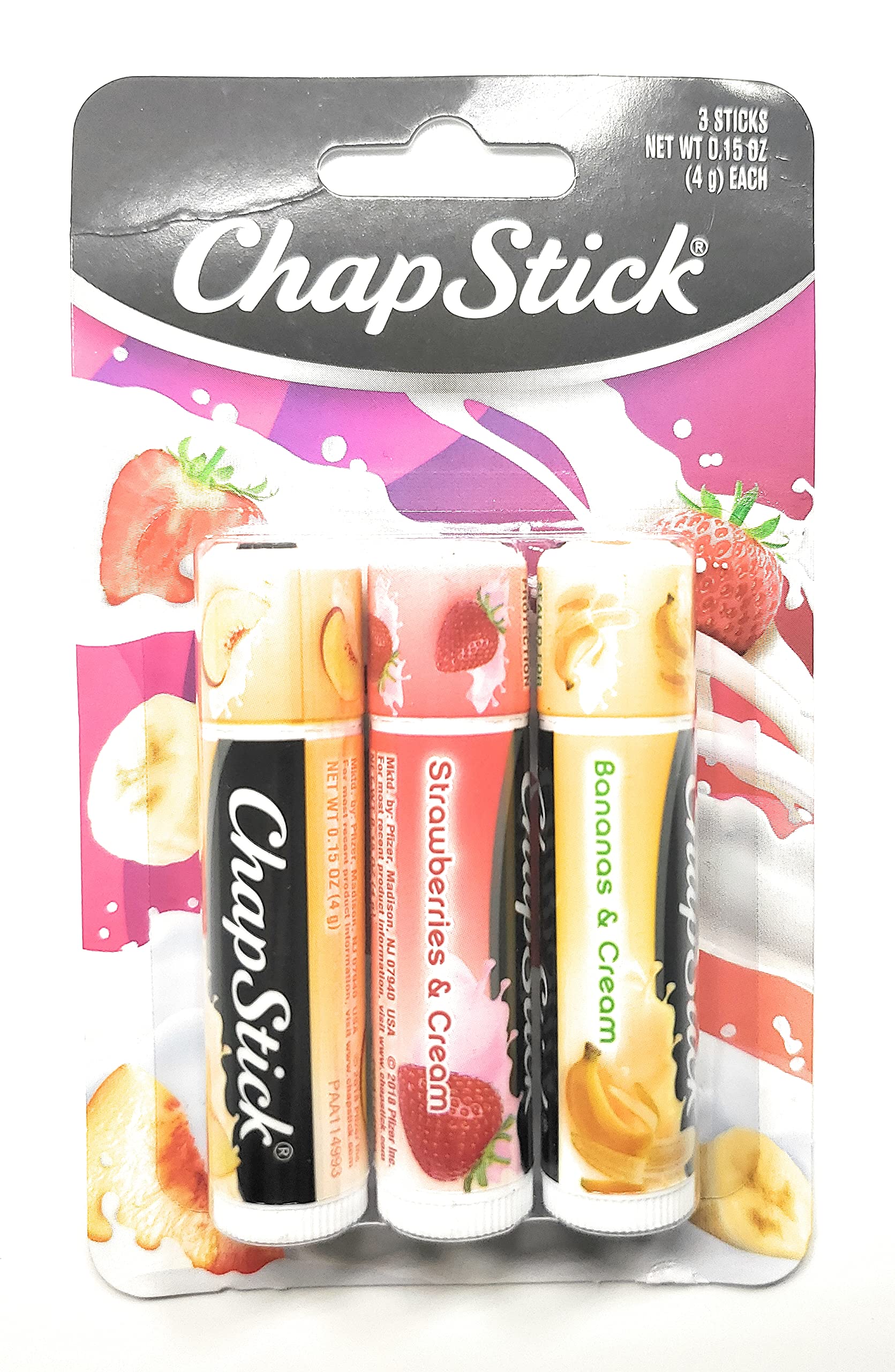 ChapStick Lip Balm Fruit & Cream 3-Pack Collection – Peach, Strawberry & Banana Flavors, 0.15 Oz Ea