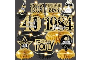 Bumqviy 9Pcs 40th Birthday Honeycomb Centerpieces Decorations with String Lights for Women Men, Black Gold Vintage 1984 Aged to Perfection Table Party Supplies, 40 Year Old Birthday Party Table Sign