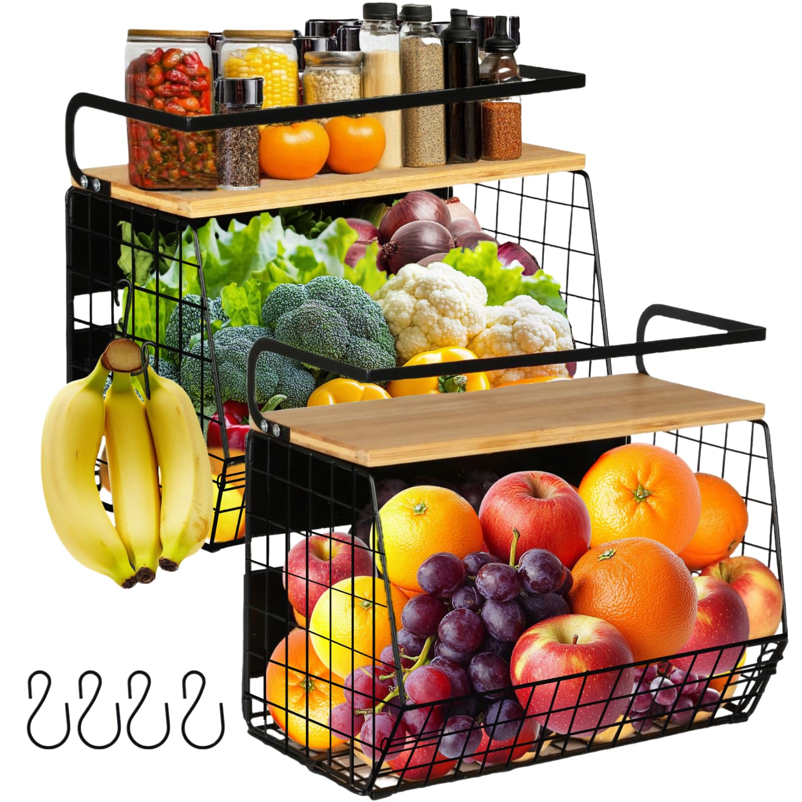 OMISHINE 2 Set Magnetic Shelf, Fruit Baskets for Kitchens, Spice Rack Fruit Bowls 2 in 1 Onions and Potatoes Storage, Vegetable Organiser, Magnetic Spice Rack for Fridge, BBQ Accessories, Tools, Snack