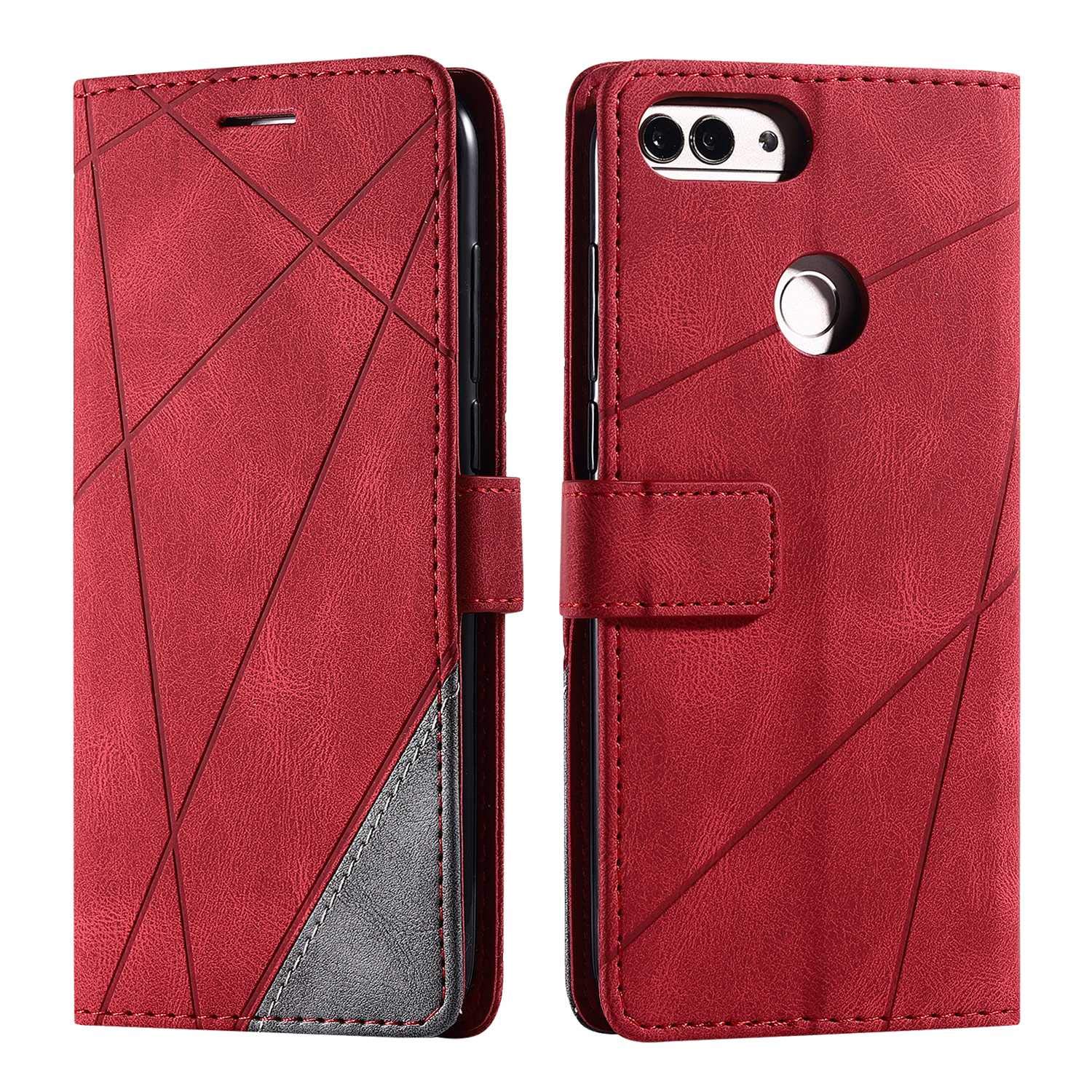 SONWO Case for Huawei P Smart 2018 / Huawei Enjoy 7S Case, Premium Leather Flip Wallet Case Magnetic Closure Card Slots Kickstand Phone Case for Huawei P Smart 2018 / Huawei Enjoy 7S, Red