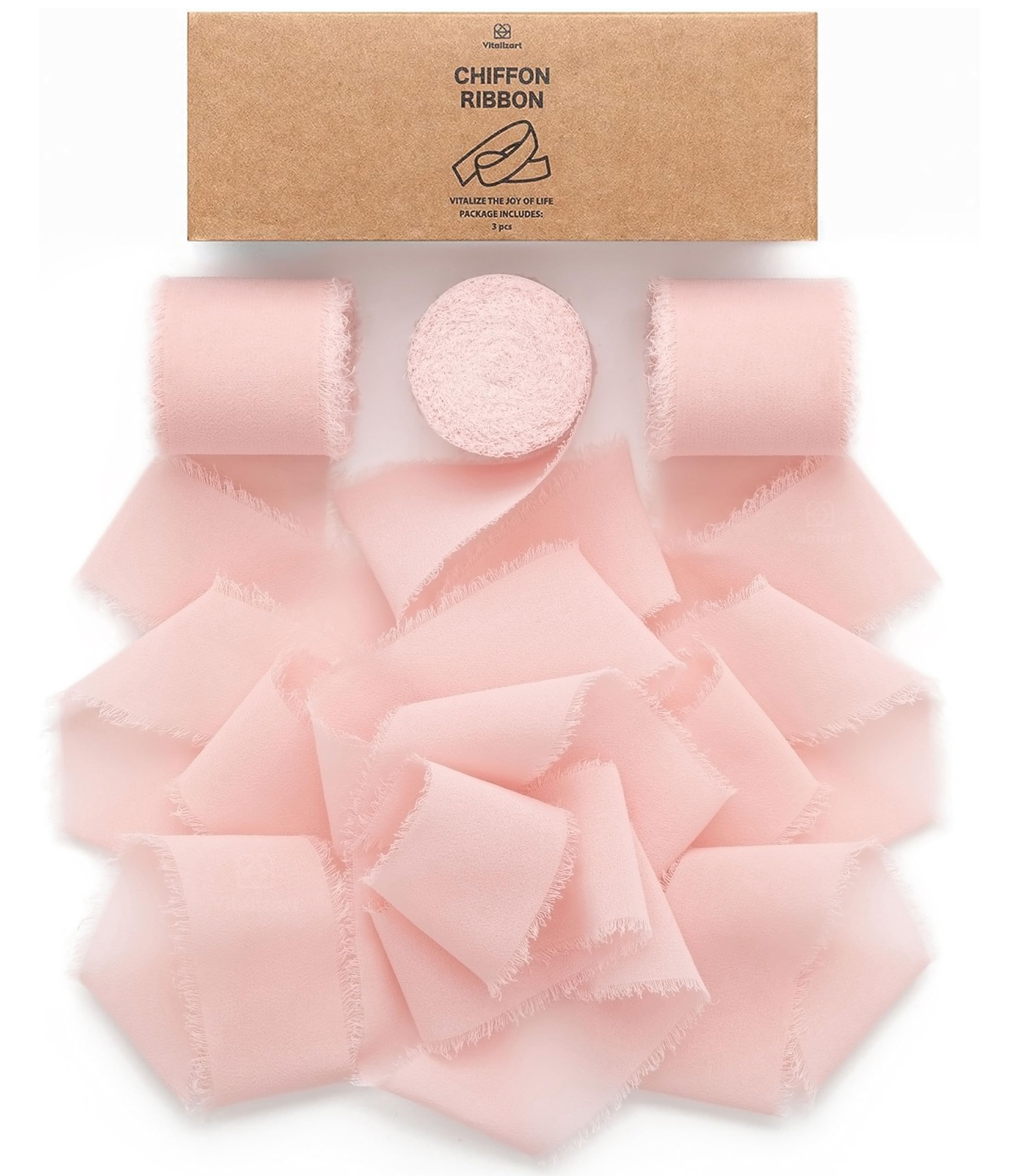 Vitalizart Chiffon Silky Ribbon 3 Rolls 1.5'' x 7 Yd Light Pink, 1.5'' x 21 Yd Ribbons Handmade Fringe for Wedding Invitations, Bridal Bouquets, Gift Wrapping, Holiday Decoration, Valentines Crafts