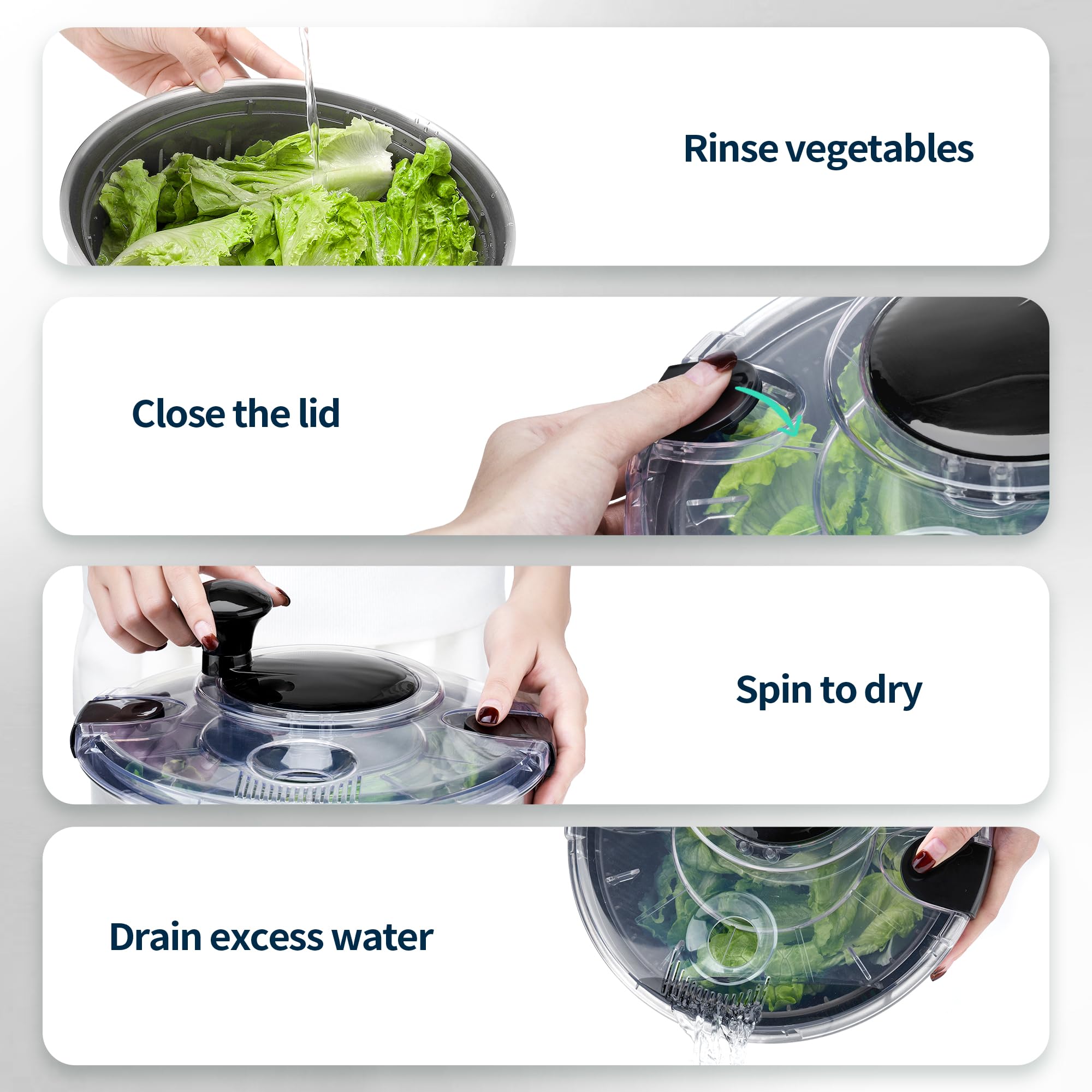 Stainless Steel Salad Spinner, 4.8 Qt Vegetable Washer, BPA-Free Lettuce Dryer with Crank Design, Dishwasher Safe, Non-Slip Base - Transparent Lid