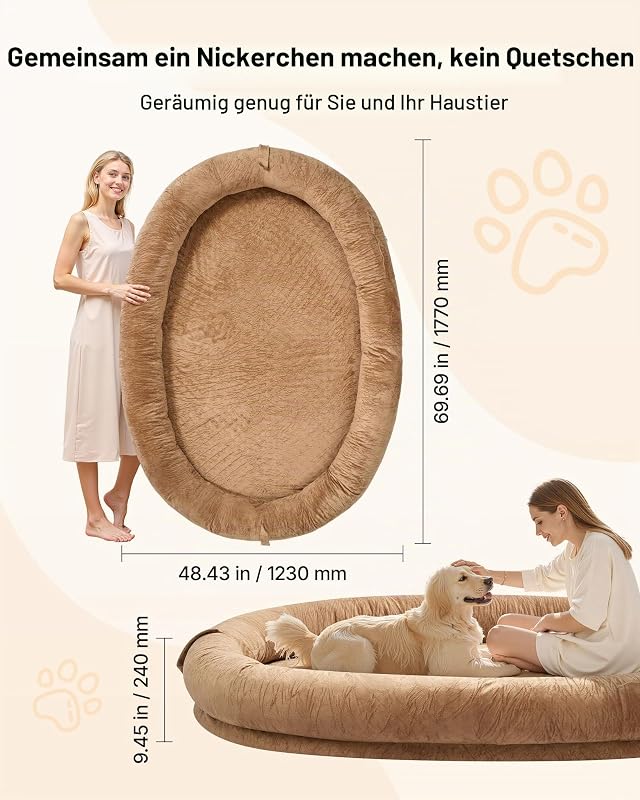 Hundebett für Menschen & Hunde, 177x123x24cm, Memory-Schaum-Hundebett in Menschengröße, mit Seitentasche, Griff & Reißverschluss, Abnehmbarer, maschinenwaschbarer Bezug, Kurzflor, braun