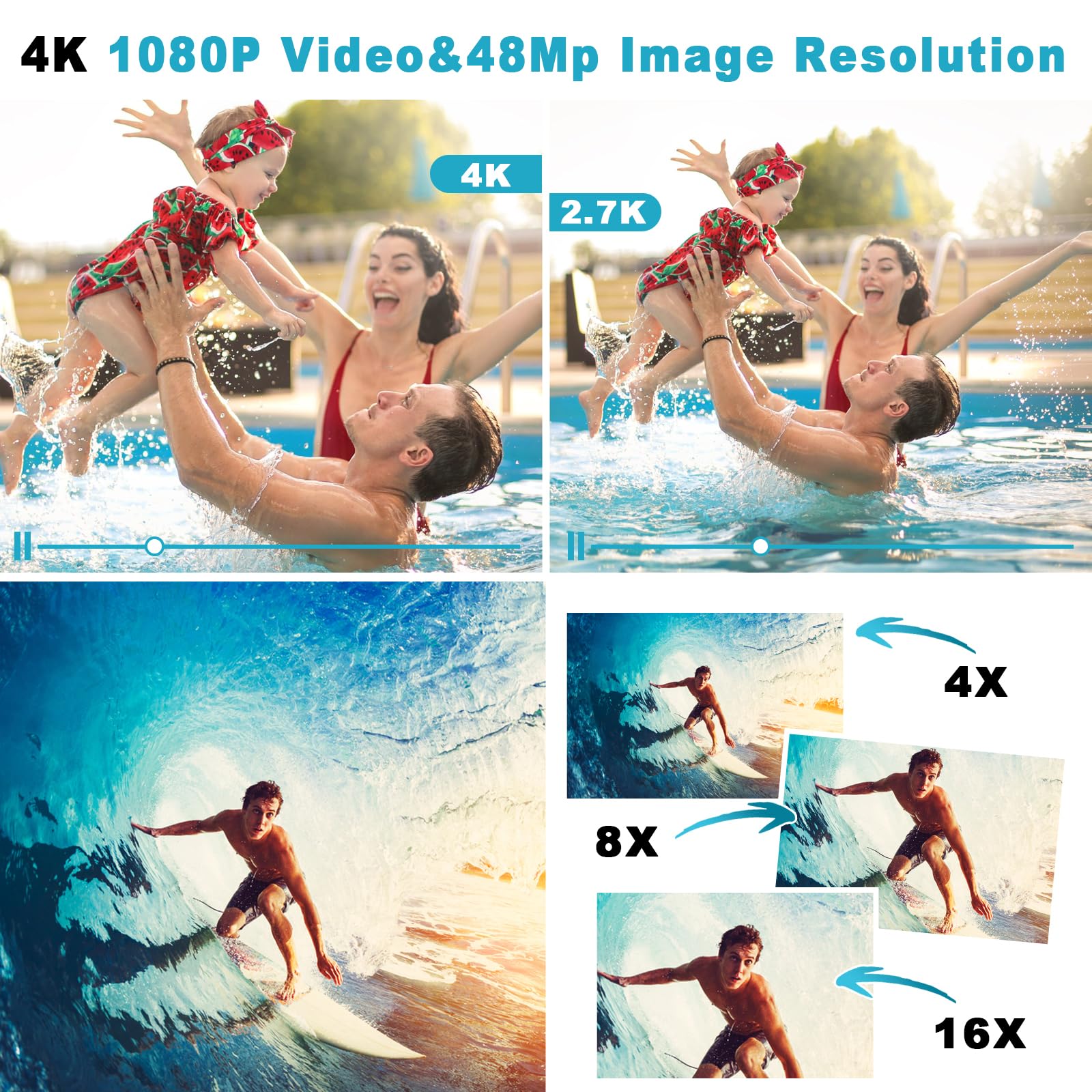 Waterproof Digital Camera, Underwater Camera with 32GB Card(Installed), 4K FHD 48MP Dual-Screen Selfie Under Water Camera for Photography, 10FT Waterproof Camera for Snorkeling, Surfing, Rafting