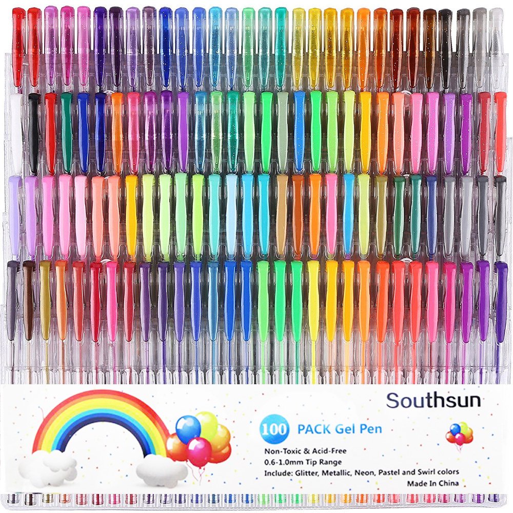100 Pack Glitter Gel Pens Set, Southsun Color Art 100 colors Gel Pens for Adult Coloring Books Drawing Painting Writing
