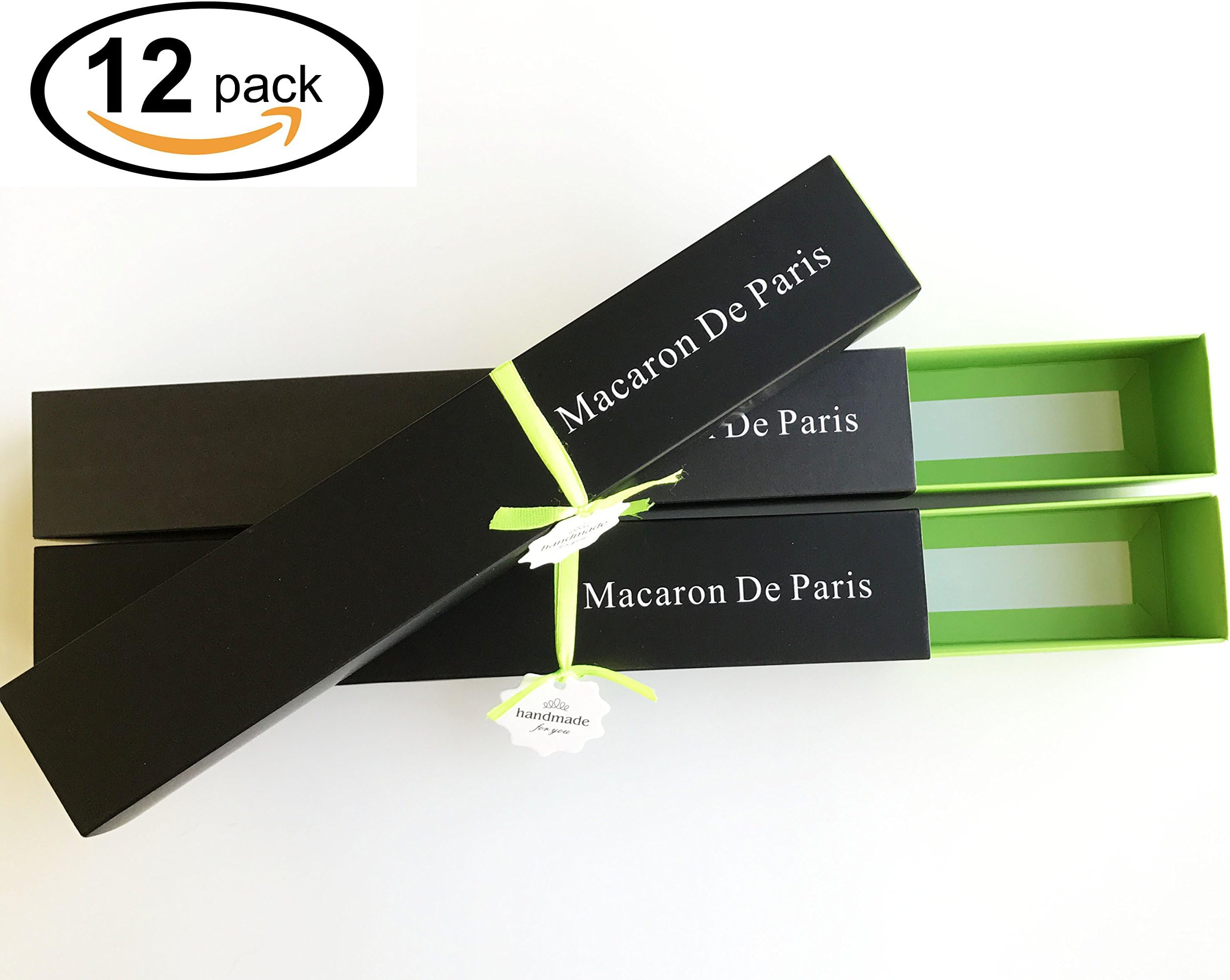 12 Packs Macaron Box, Chocolate Container, Cookie Holder With Green Ribbons and ‘Handmade’ Tags, Holds 12 Macarons. || by KooCoo Mummy (Green Drawer)