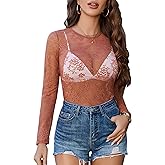 Avidlove Lace Mesh Top for Women Long Sleeve Crew Neck Sheer Blouse See Through Floral Lace Tops