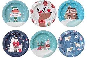 Partay Shenanigans Paper Plates - 60-Count 8" x 8" Disposable Christmas Party Supply Dessert Plates in 6 Designs - Reindeer, Santa, Polar Bear, Elf, Gingerbread House, Nutcracker