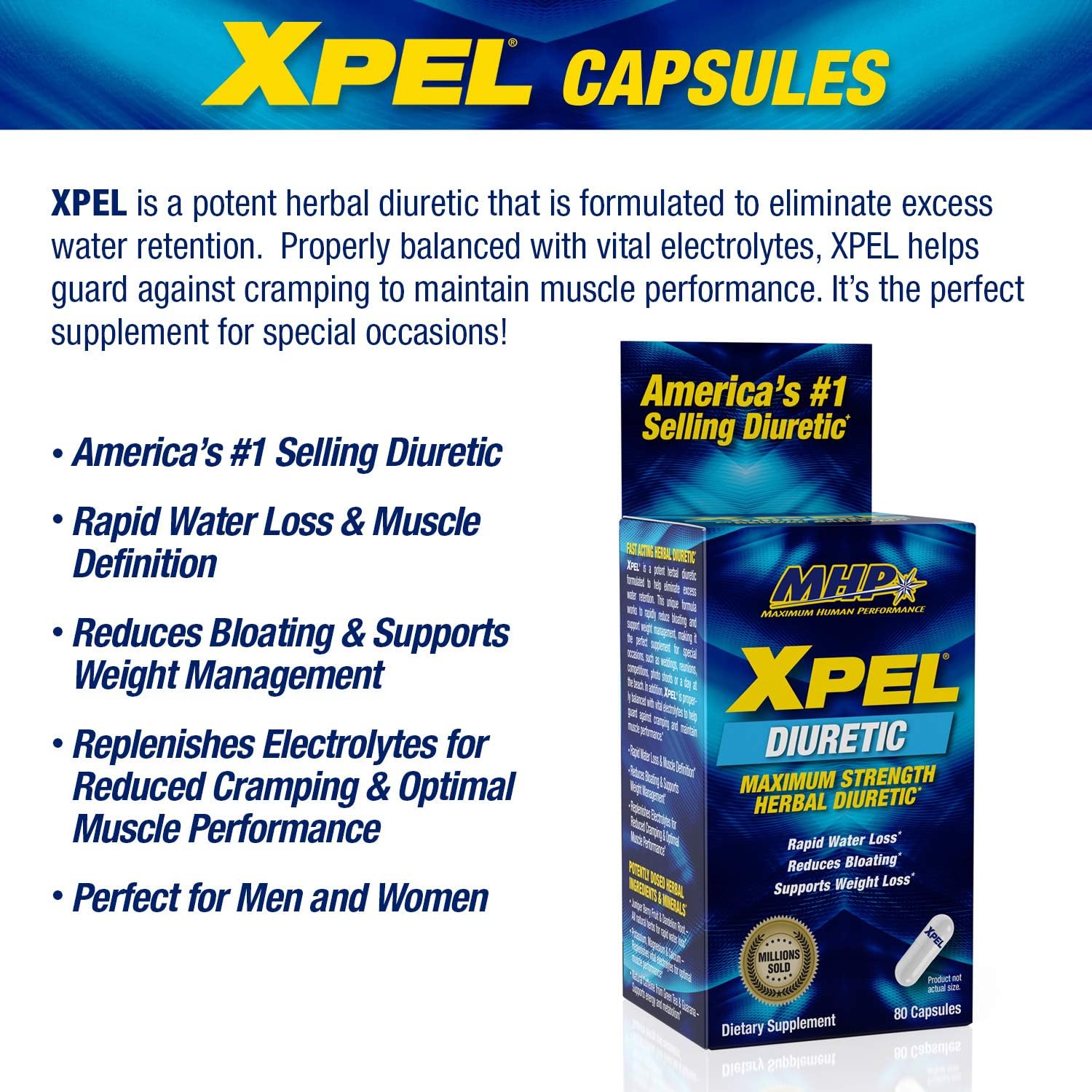 MHP Xpel Maximum Strength Diuretic Water Pills, for Water Retention Relief, Weight loss Support, with Vitamin B-6 Potassium Dandelion Root, 80 Capsules: Health & Personal Care