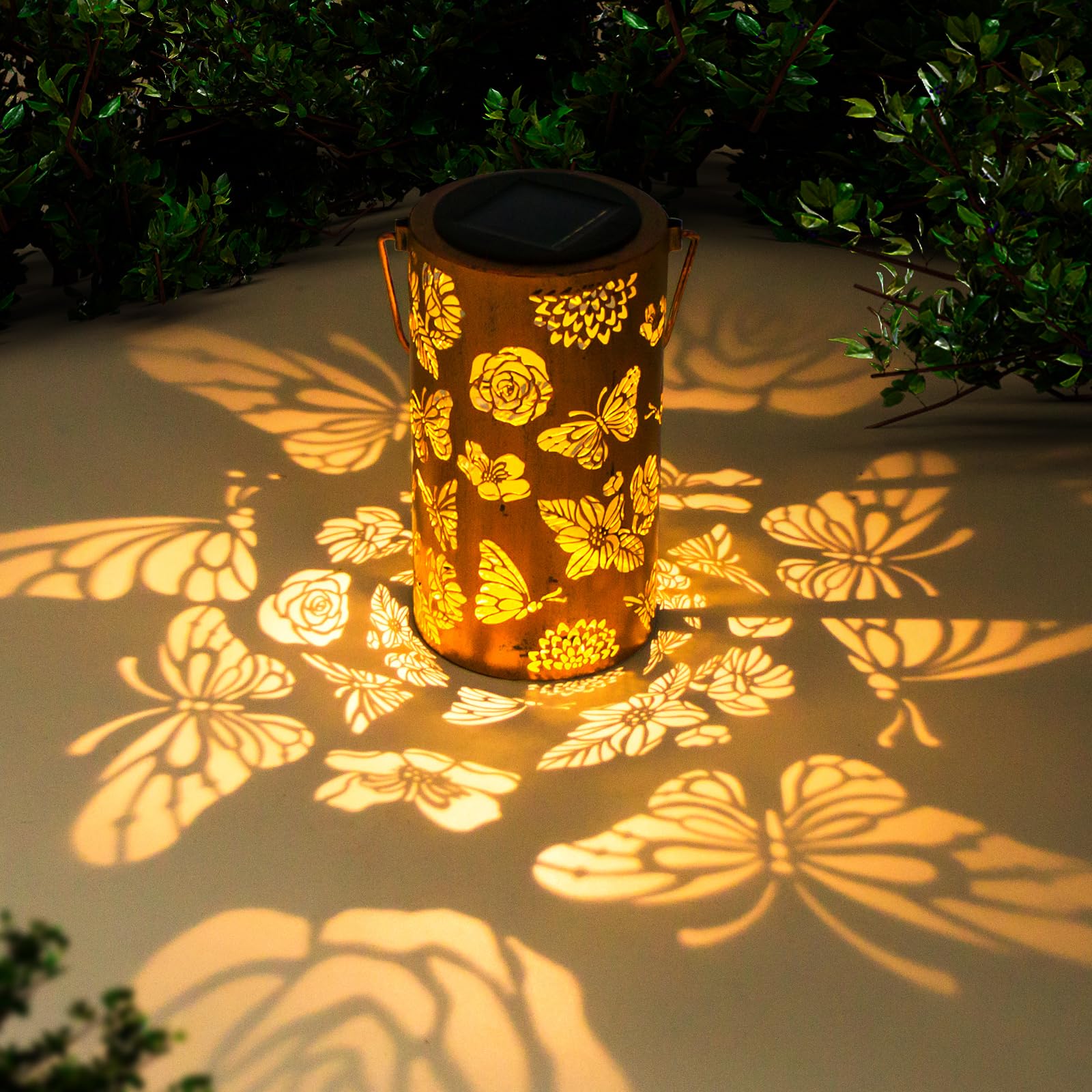 Butterfly Solar Gardening Gifts Lanterns Decorative Outdoor, Butterfly Rose Pattern Solar Hanging Lights Waterproof Garden Decor Gifts for Women Mom Grandma (Lanterns with Shepherd Hook)