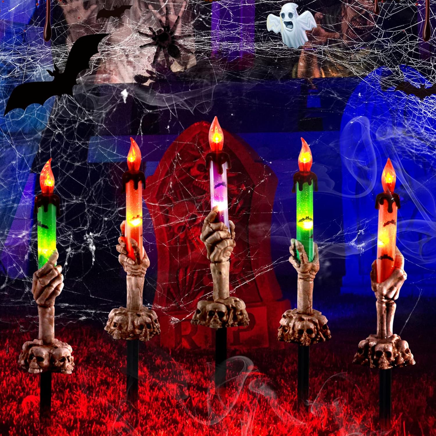 Decorative Garden Stakes - MAIAGO Halloween Decorations, 5 Pack Skeleton Hands Hold Lighted Candle Stakes, Halloween Garden Stake Lights Waterproof Battery Operated with Timer, Light Up Halloween Graveyard Décor, Haunted House