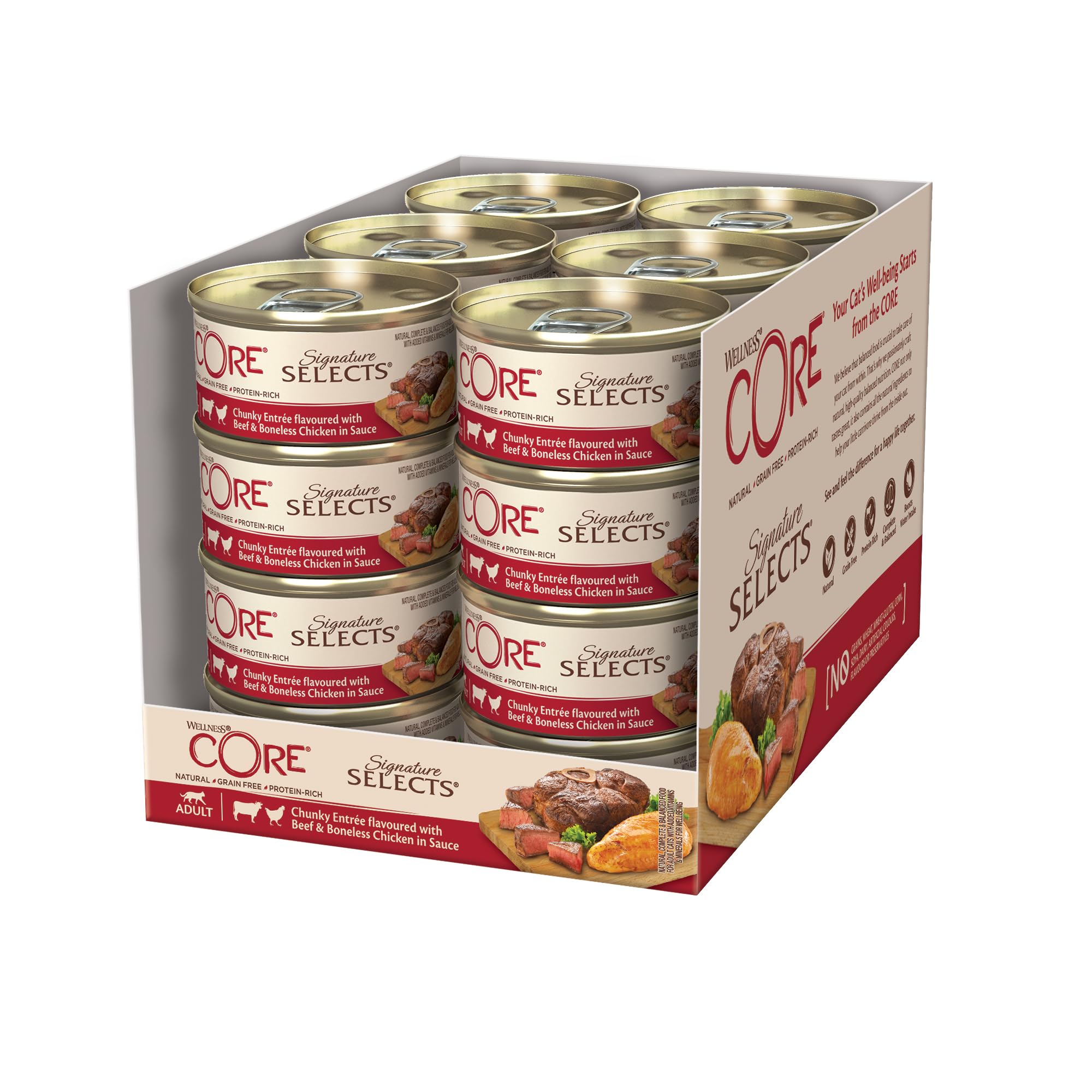 Wellness CORE Signature Selects 24 x 79g, Chunky Beef & Chicken – Wet Cat Food, Tender Chunks in Sauce, Grain-Free, Natural, Hypoallergenic, Protein-Rich, High Meat Content