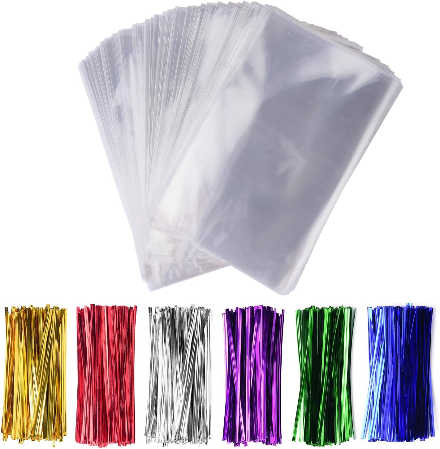 200 Clear Cello Cellophane Treat Bags 5X7 Inch with 200 Metallic Twist Ties Good for Gift Bakery Cookies Candies Dessert (5'' x 7'')