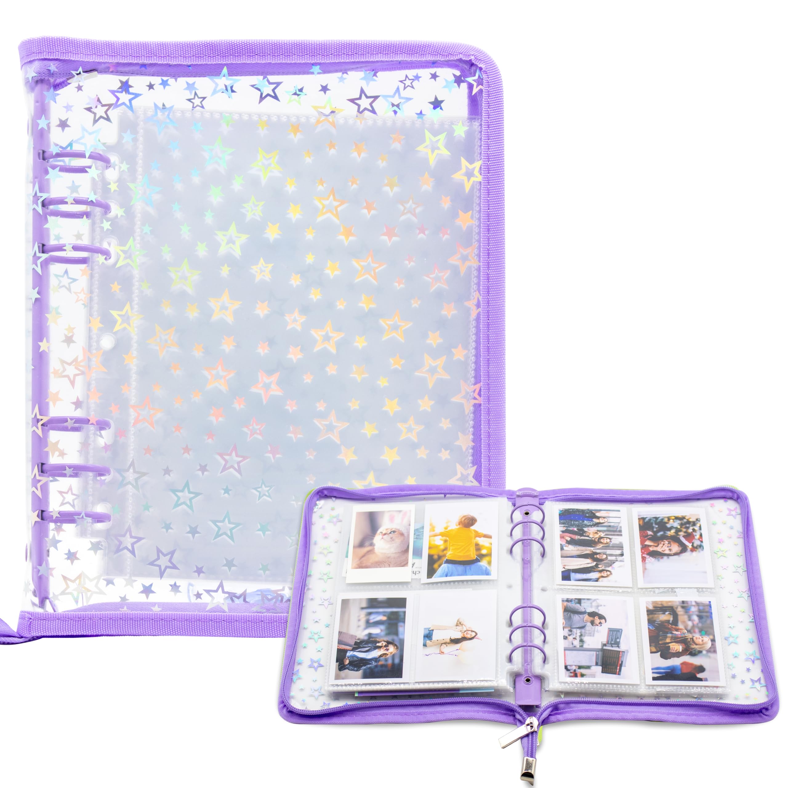 Kpop Photocard Binder Holder with 30 Pack 4-Pocket Inner Pages, A5 6 Ring Cover Album Book with Zipper for Organizing Trading Card (Purple)